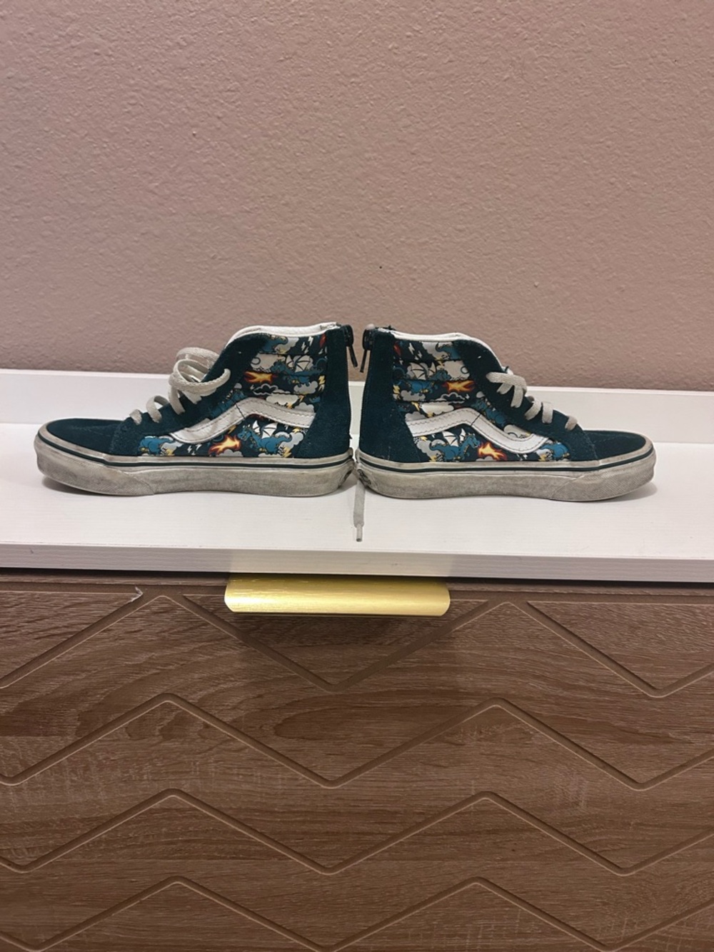 Kids High-Top Sneakers Vans in Teal and White with Dragon Pattern